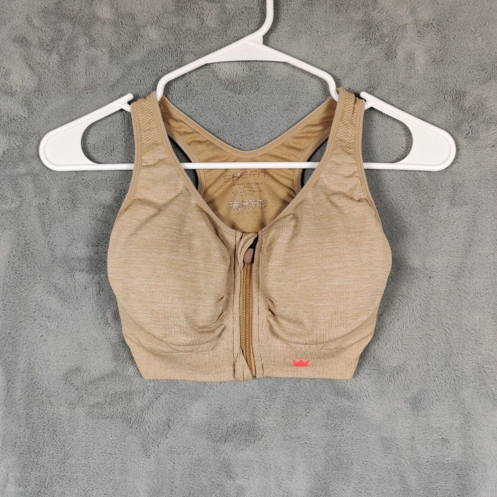 SheFit Perfect Lounge Sports Bra Women Medium Tan Racer Back Zip Front